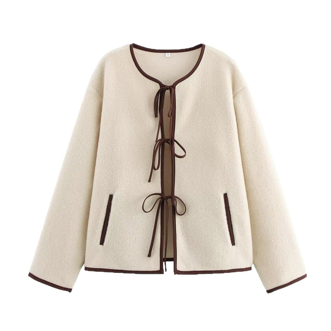 Women's Short Cut Teddy Fleece Jacket with Ties and Contrast Piping Mune Fashion
