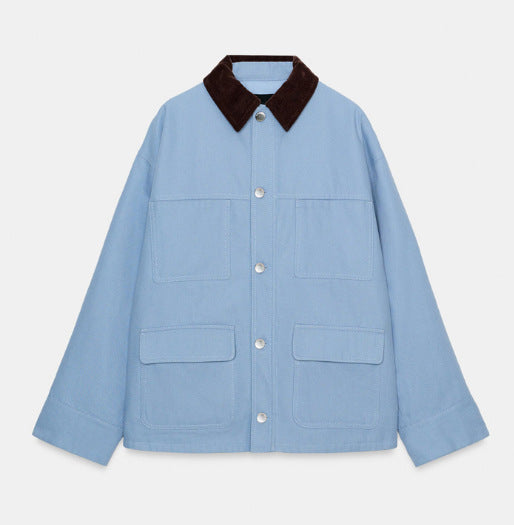Women's short chore jacket made of canvas with cord collar and four patch pockets Mune Fashion