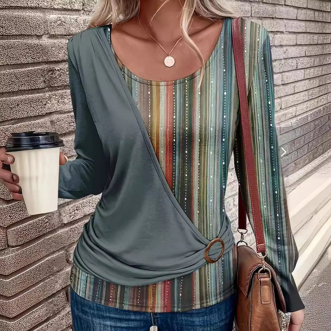 Women's Layered Look Wrap Shirt with Asymmetrical Draping and Striped Bottom Drune