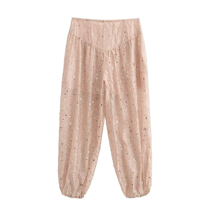 Women's loosely cut harem pants with sequin trim and drawstring Mune Fashion