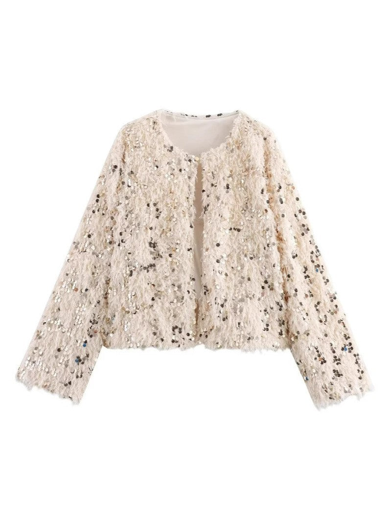 Women's Cropped Jacket made of fluffy Faux Fur with sequin trim Mune Fashion