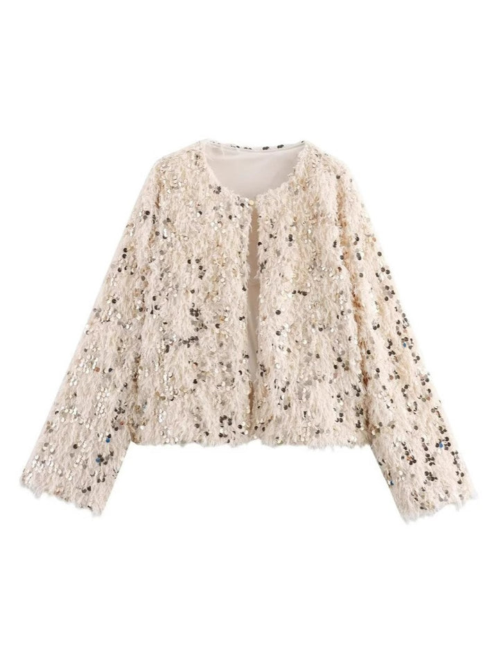 Women's Cropped Jacket made of fluffy Faux Fur with sequin trim Mune Fashion