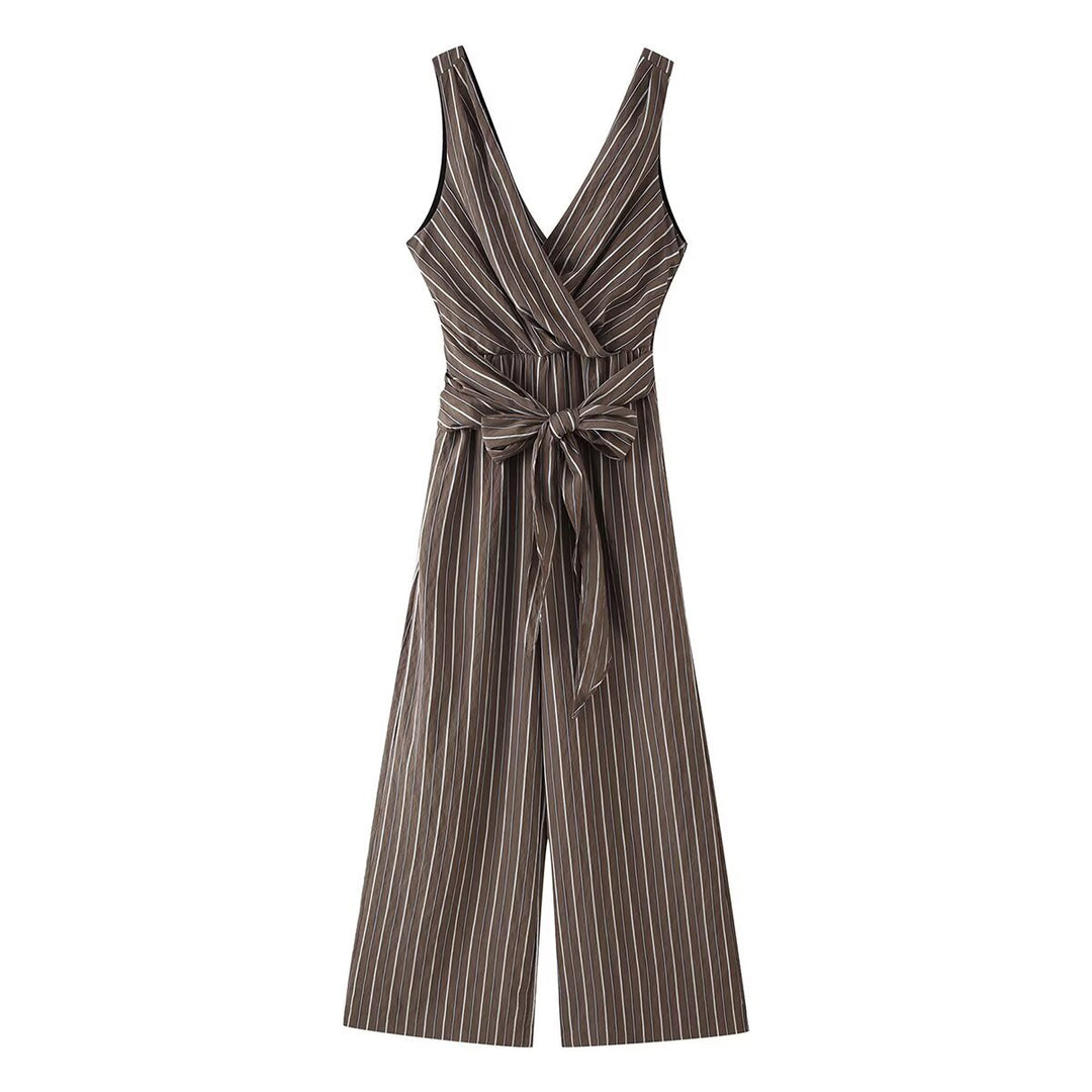 Ladies Sleeveless Wrap Jumpsuit with Wide Leg and Waist Belt Mune Fashion