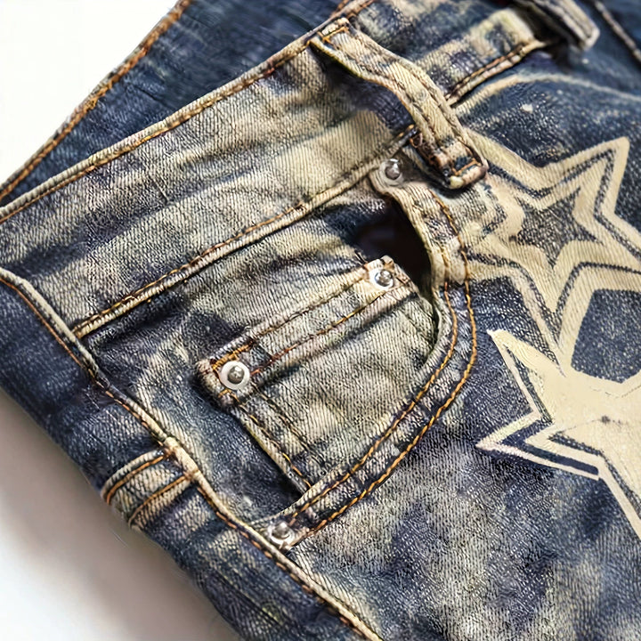 Men's Ripped Denim Jeans with Star Print Mune Fashion