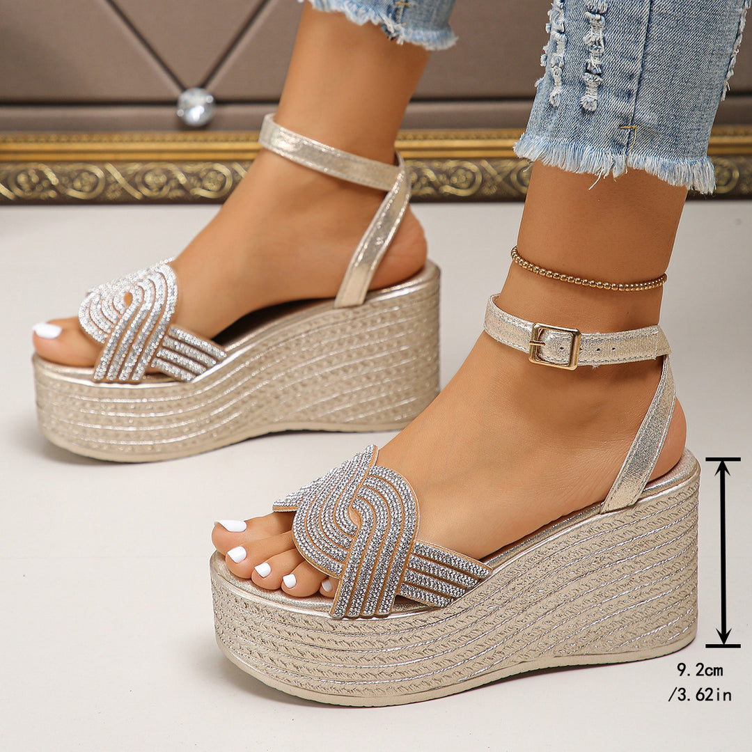 Women's wedge sandals with braided wedge heel, sparkling rhinestone straps and adjustable ankle strap Mune Fashion