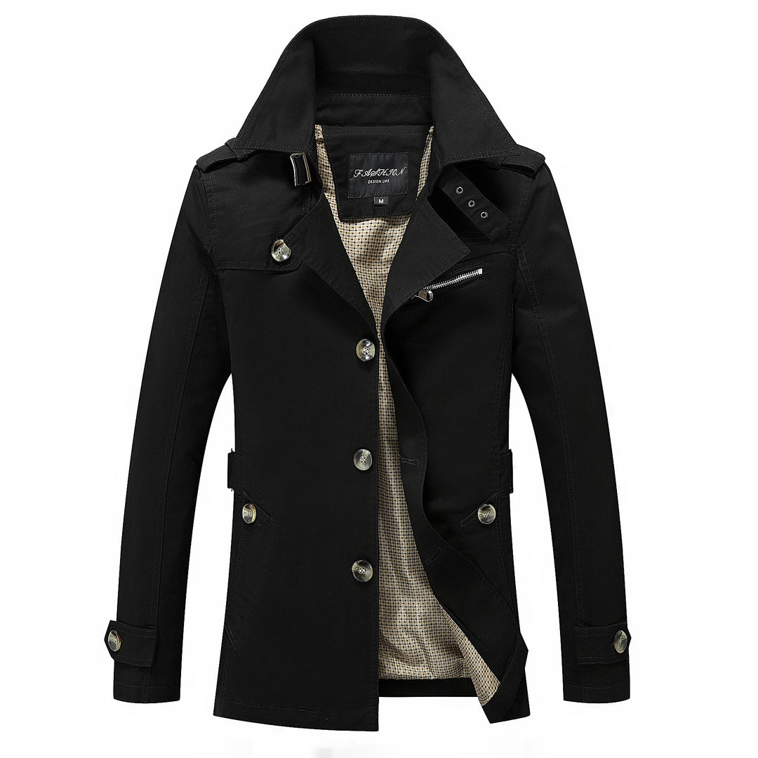 Men's mid-length canvas field parka with stand-up collar, shoulder epaulettes, and utility pockets.