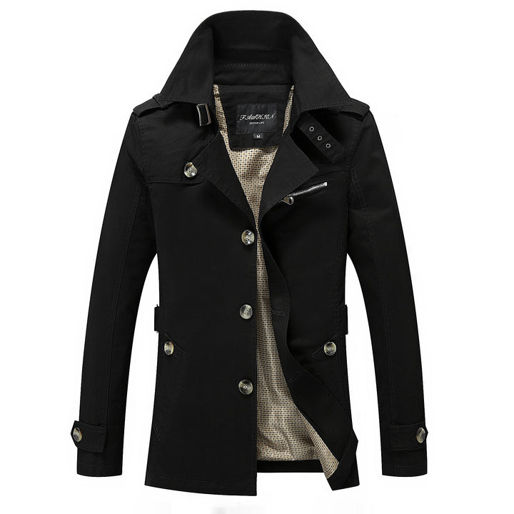 Men's mid-length canvas field parka with stand-up collar, shoulder epaulettes, and utility pockets.