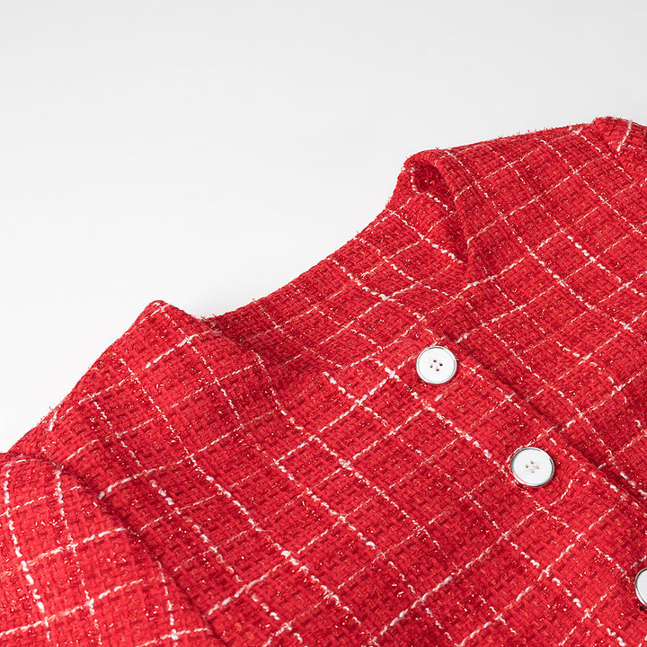 Women's Short-Cut Boucle Tweed Blazer with Round Neck, Decorative Buttons and Patch Pockets Mune Fashion