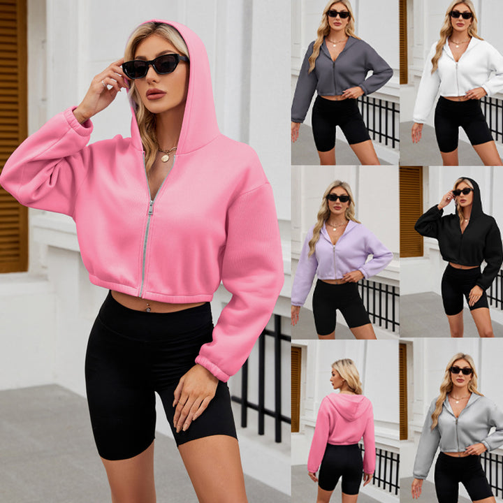 Women's Cropped Hoodie Jacket with Full Zipper and Oversized Sleeves Mune Fashion