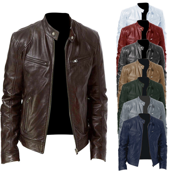 Men's slim genuine leather biker jacket with stand-up collar, two zippered chest pockets and straight silhouette Mune Fashion