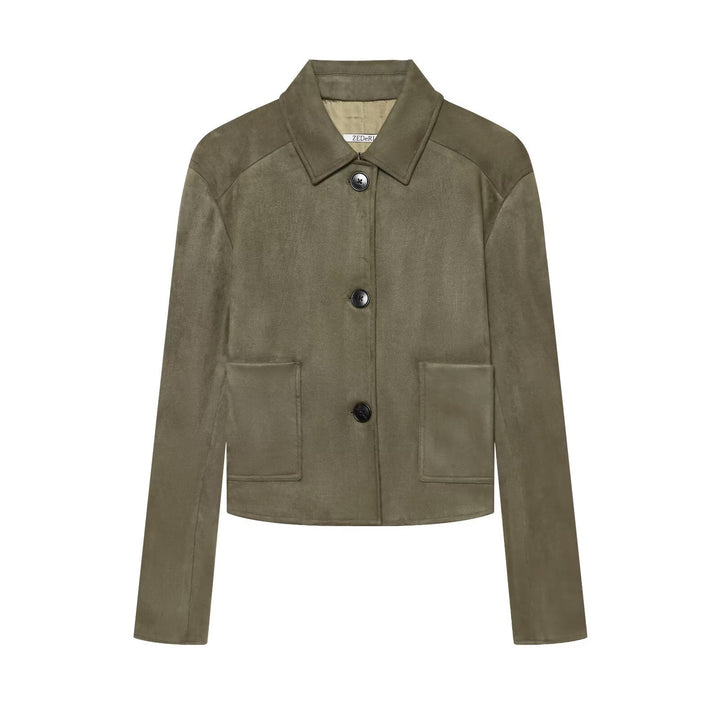Women's short jacket in suede leather look with shirt collar and patch pockets Mune Fashion