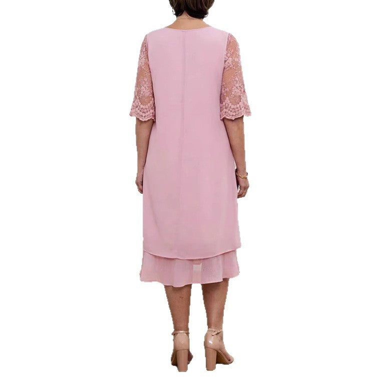 Women's A-line chiffon dress with floral embroidered lace yoke, hidden centre seam pleat, and layered ruffle Mune Fashion