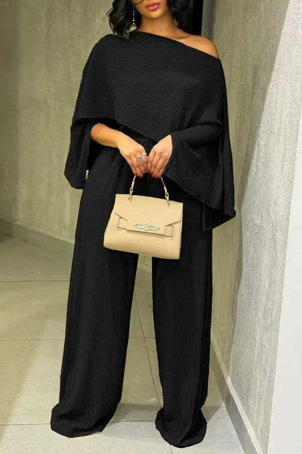Women's Two-Piece Textured Loungewear Set with Cropped Cape Top and Maxi Skirt with Side Slit Drune