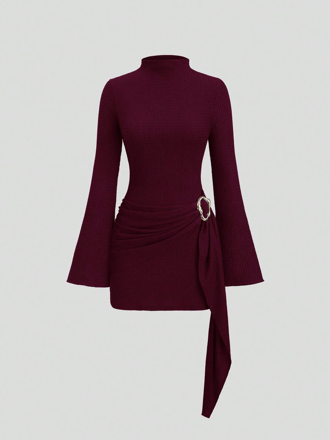Women fitted knit mini dress with stand-up collar, trumpet sleeves and side draping with decorative ring Mune Fashion