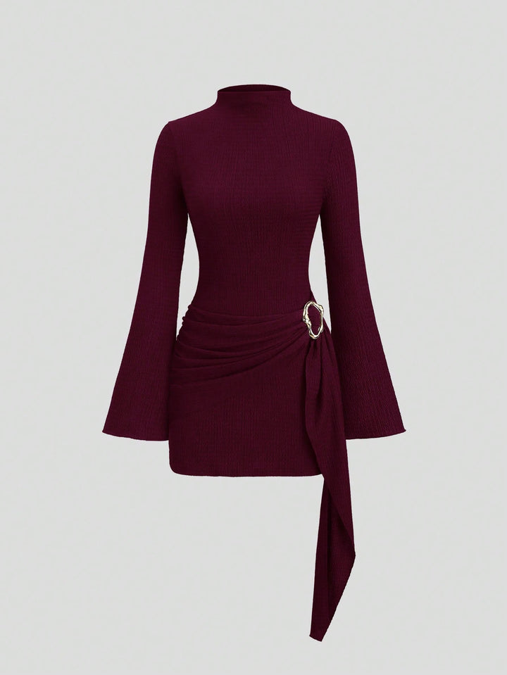 Women fitted knit mini dress with stand-up collar, trumpet sleeves and side draping with decorative ring Mune Fashion