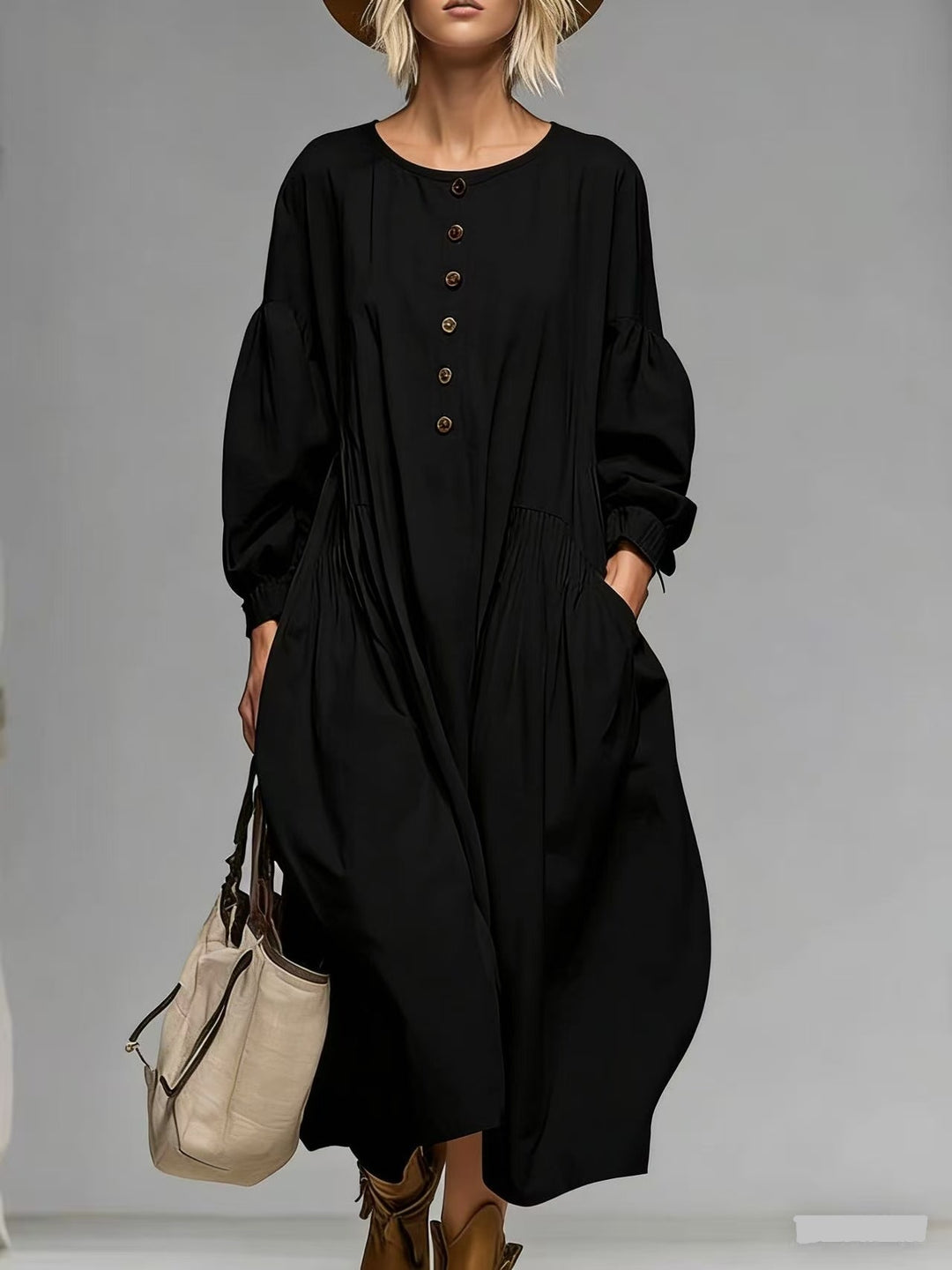 Women's Casual Midi Dress with Button Placket, Balloon Sleeves and Side Pockets Mune Fashion