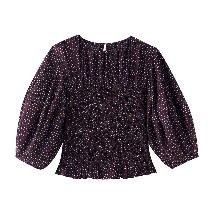 Women Smocked Polka Dot Blouse Shirt with Balloon Sleeves Mune Fashion