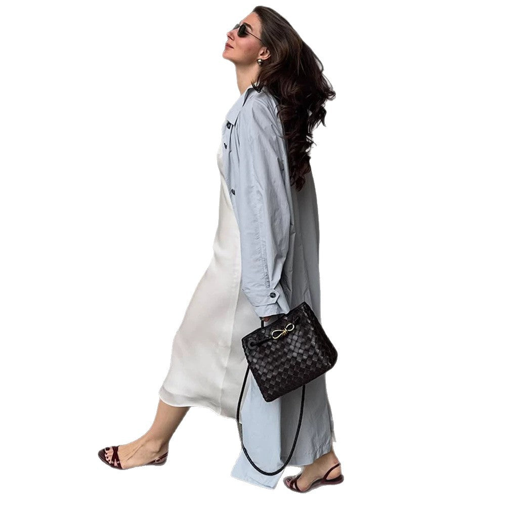 Women's Lightweight Long Trench Coat Made from Technical Material with Concealed Button Placket and Loose Fit Mune Fashion