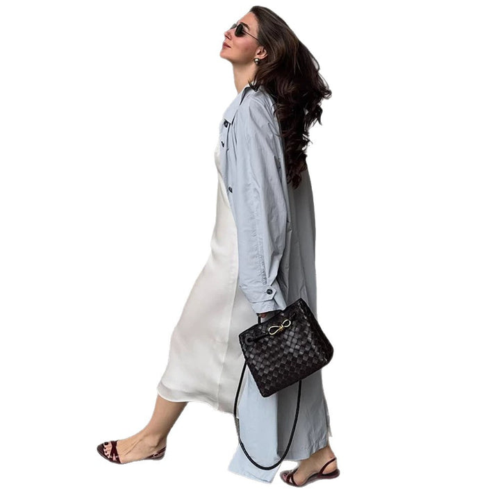 Women's Lightweight Long Trench Coat Made from Technical Material with Concealed Button Placket and Loose Fit Mune Fashion