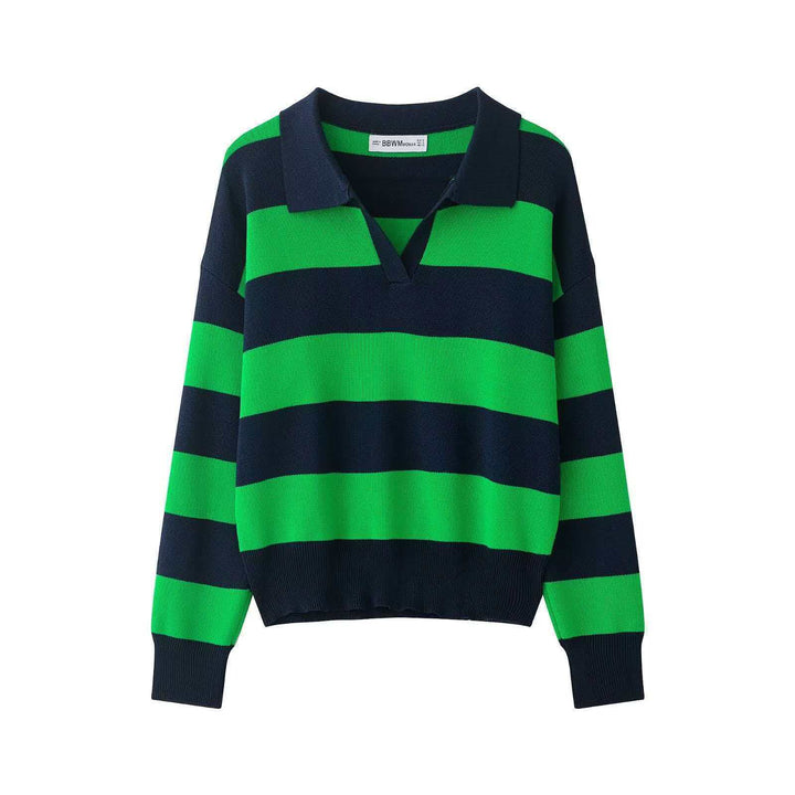Women striped rugby knit sweater with polo collar and loose oversized fit Mune Fashion