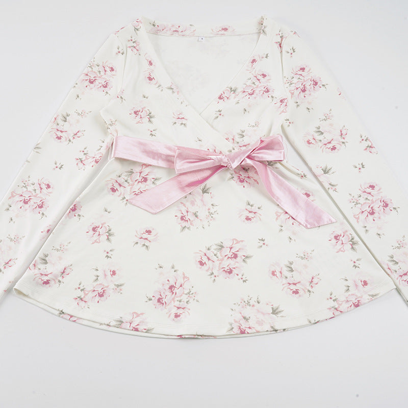 Women's floral wrap shirt with V-neck, tailored empire cut and wide satin ribbon Mune Fashion
