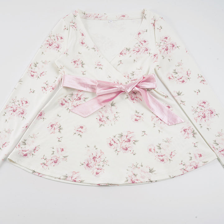 Women's floral wrap shirt with V-neck, tailored empire cut and wide satin ribbon Mune Fashion