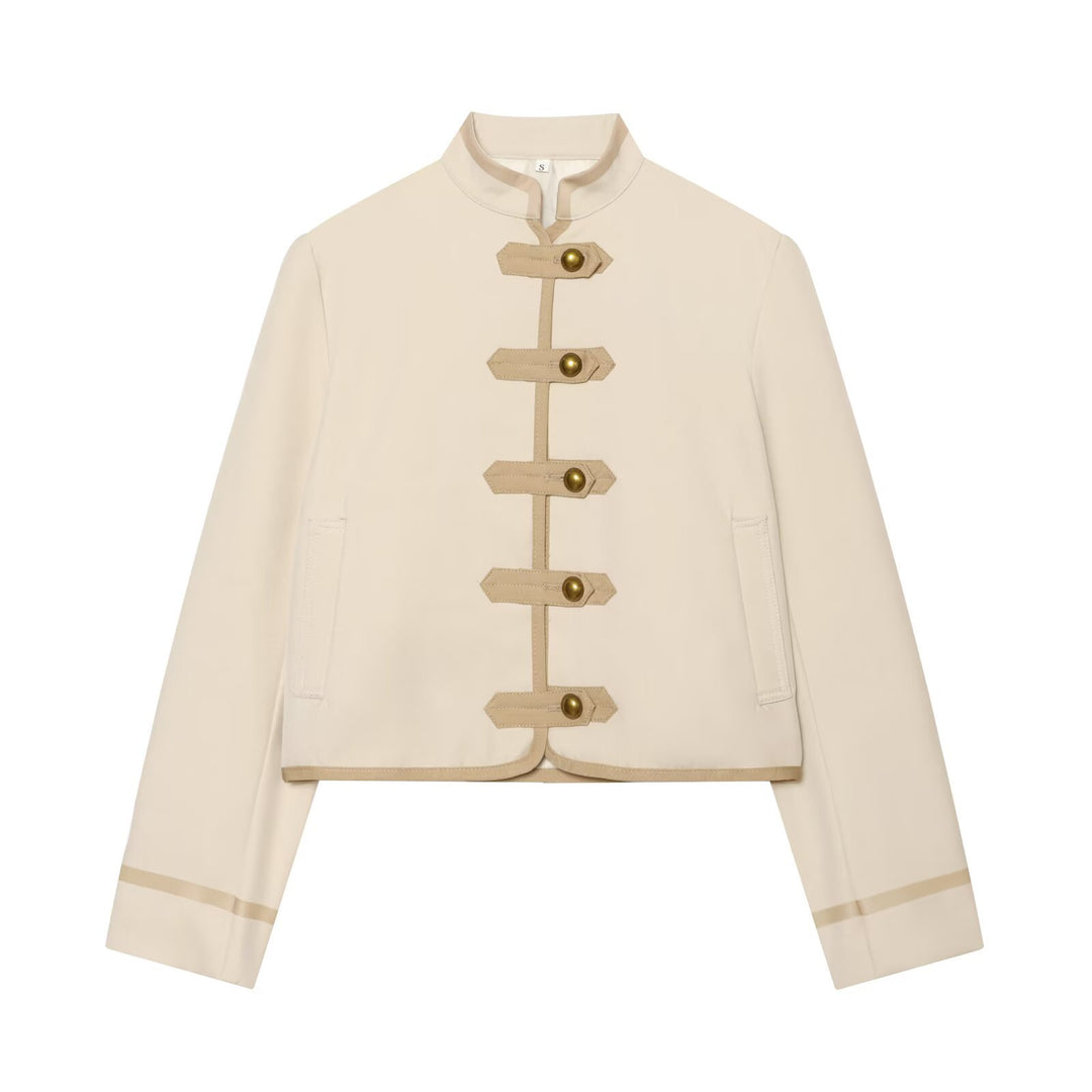 Women's Short Fitted Jacket with Mandarin Collar and Decorative Tabs Mune Fashion