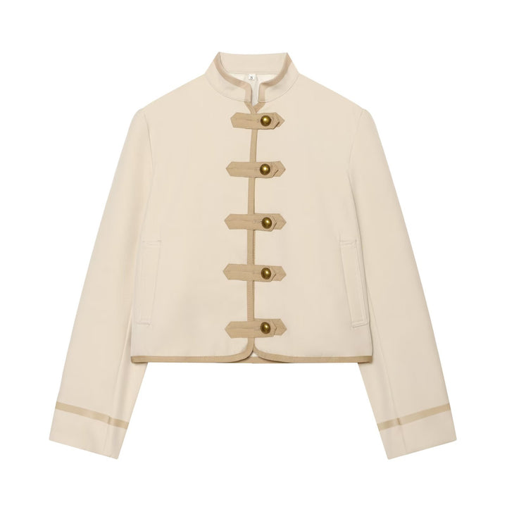 Women's Short Fitted Jacket with Mandarin Collar and Decorative Tabs Mune Fashion