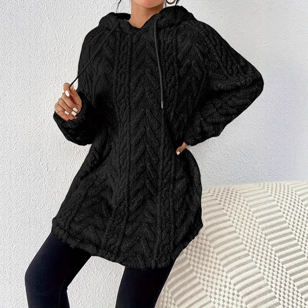 Women's cozy hooded jacket made of teddy fleece with cable pattern and gathered hem Mune Fashion