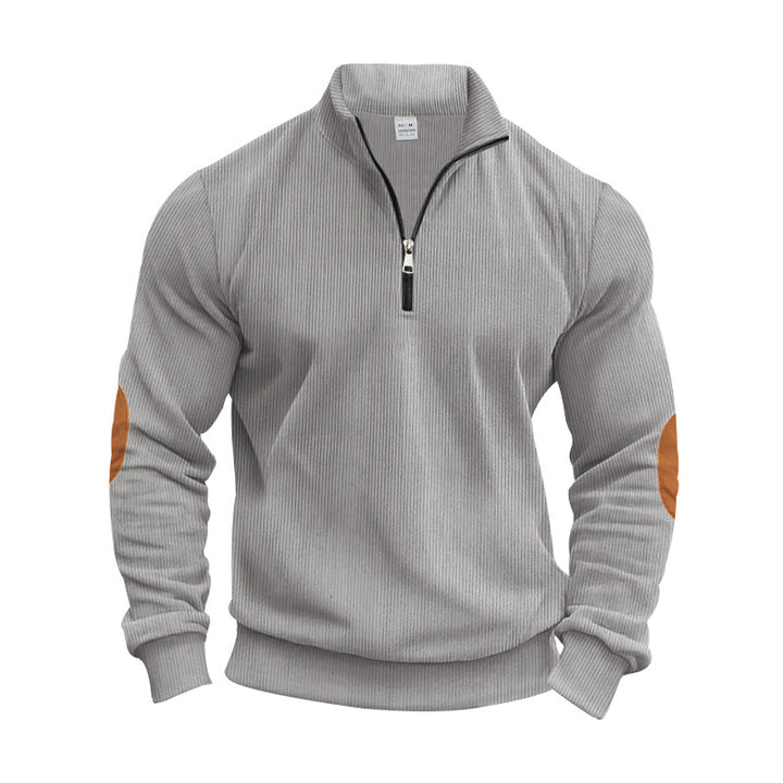 Men's structured cotton knit pullover with half zipper and elbow patches Mune Fashion