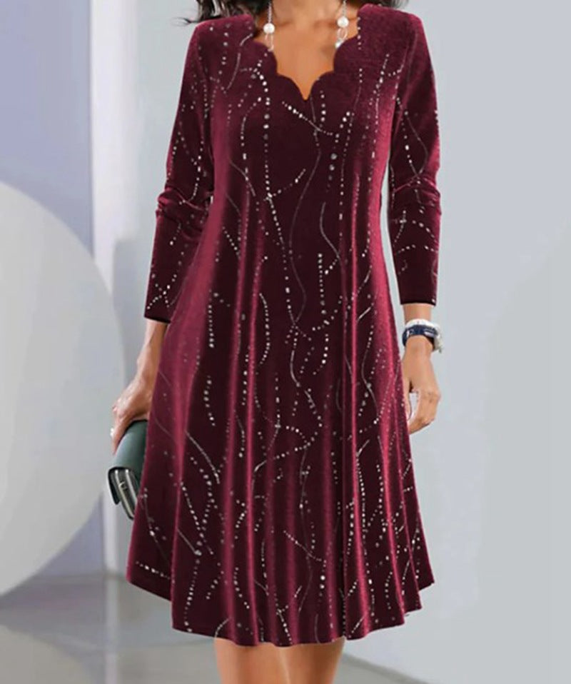 Women's nano velvet A-line dress with curved neckline, long sleeves, and rhinestone embellishment Mune Fashion