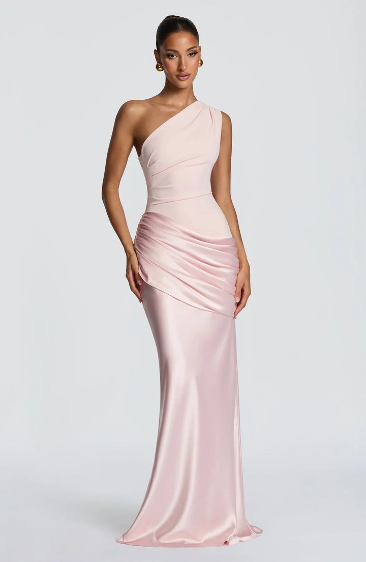 Women's elegant asymmetrical satin evening dress with drape design Mune Fashion