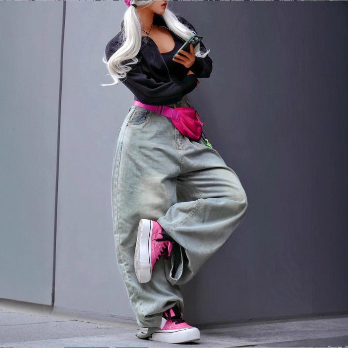 Women wide High-Waist Baggy Jeans with deep crotch and vintage wash Mune Fashion