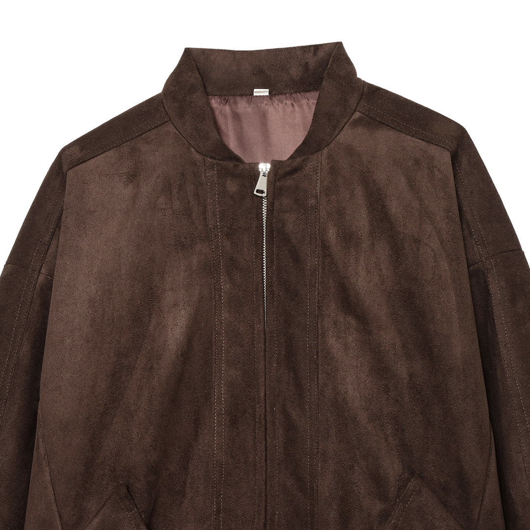 Women's casual suede look bomber jacket with zipper, stand-up collar, and large flap pockets Mune Fashion