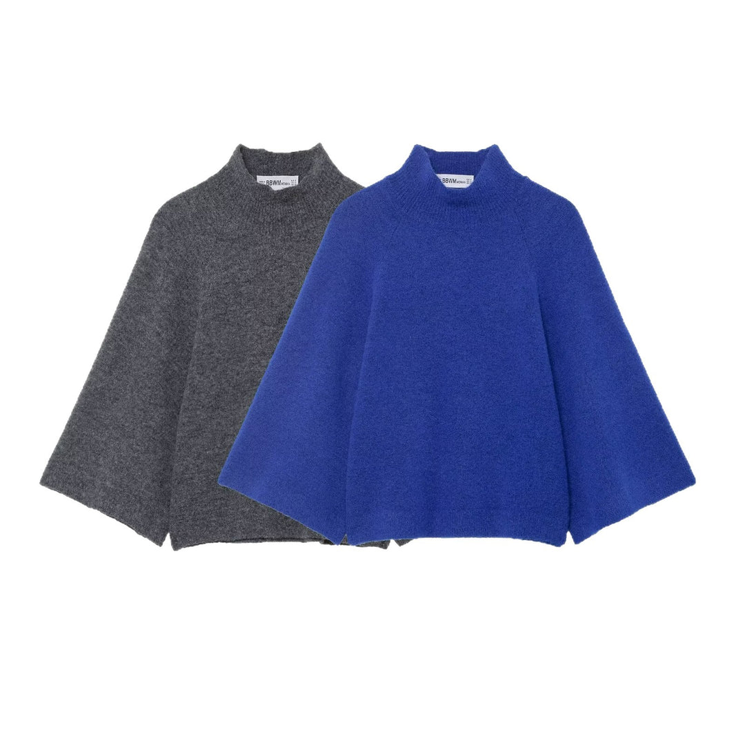Women's Oversize Knit Poncho with Stand-Up Collar and Wide Swing Cut Mune Fashion