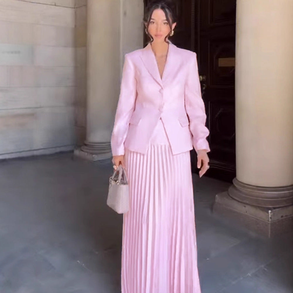 Women's Tailored Blazer and Midi Skirt Set with Pleated Skirt & Tied Belt Mune Fashion