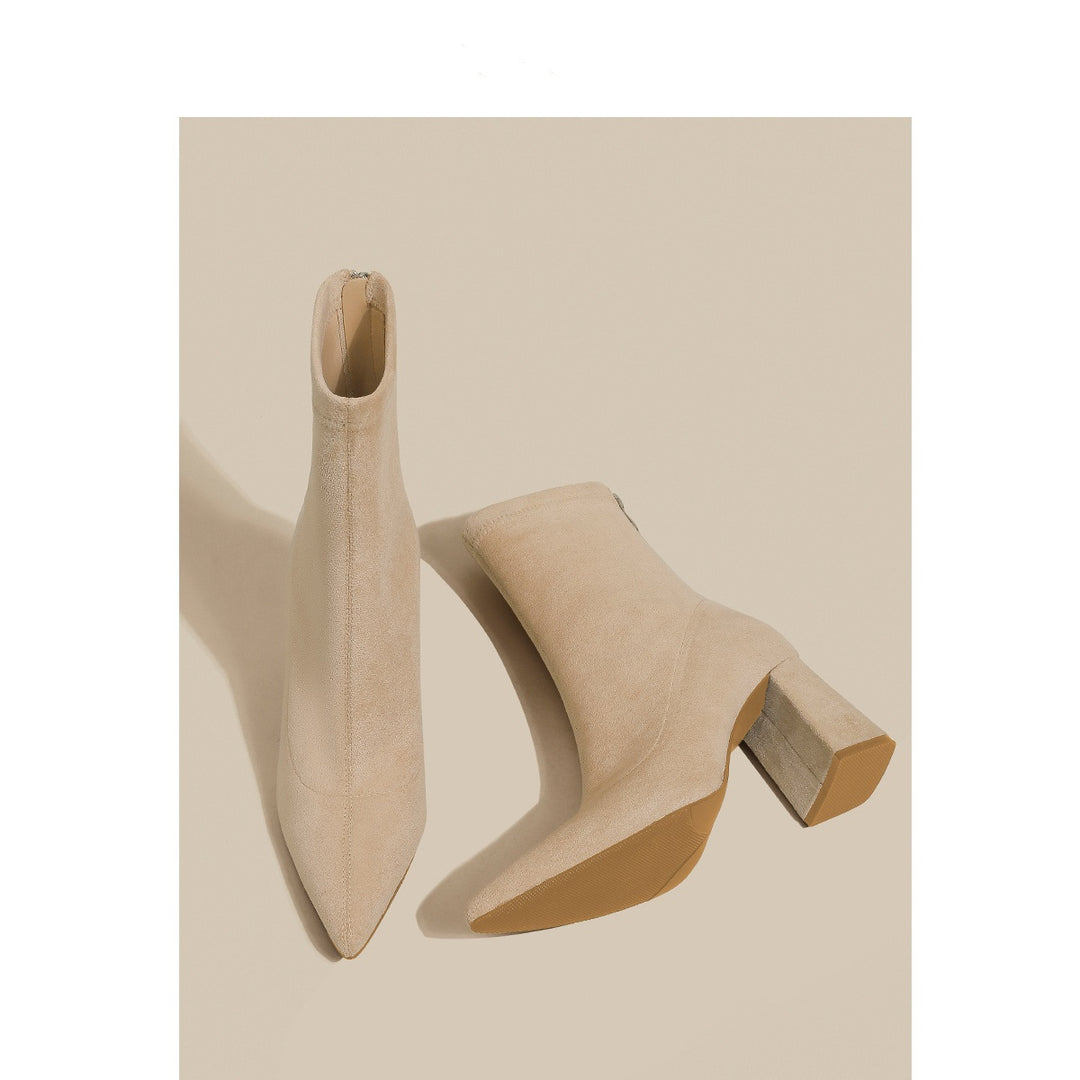Women Lace Sock Ankle Boots with Sculptural Block Heel and Stretch Velvet Look Mune Fashion