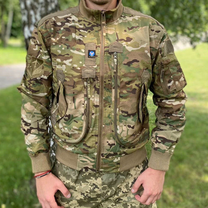 Men's Military-Inspired Bomber Jacket with Multiple Pockets, Sleeve Organizer, and Ribbed Cuffs Mune Fashion