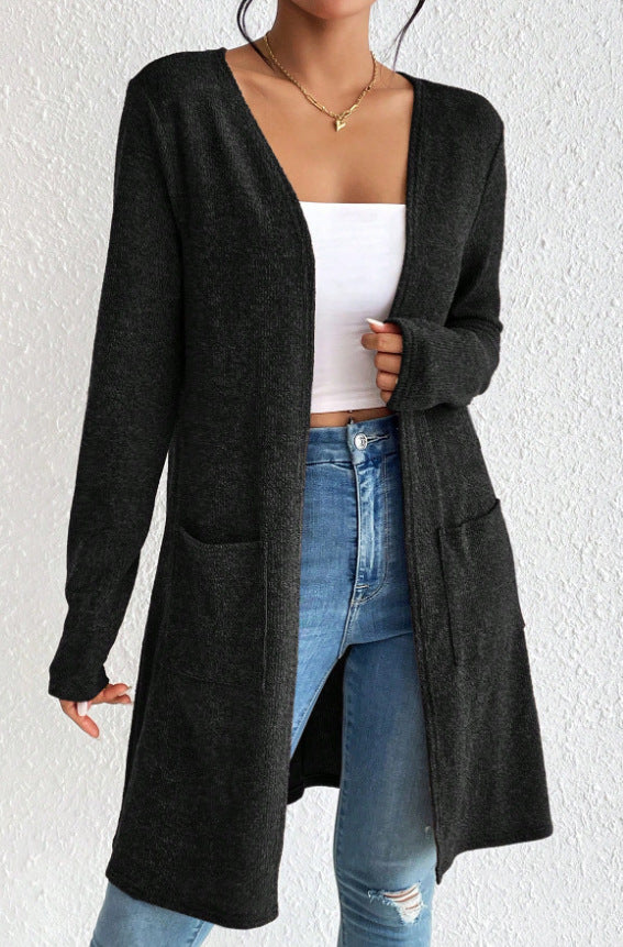 Women's open long cardigan with patch pockets and soft fine knit Mune Fashion