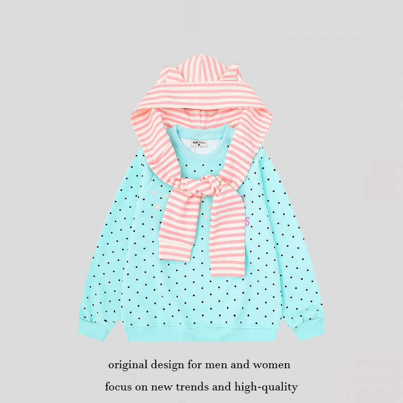 Women's Polka Dot Sweatshirt with Attached Striped Hood-Scarf and Star Appliqué Mune Fashion