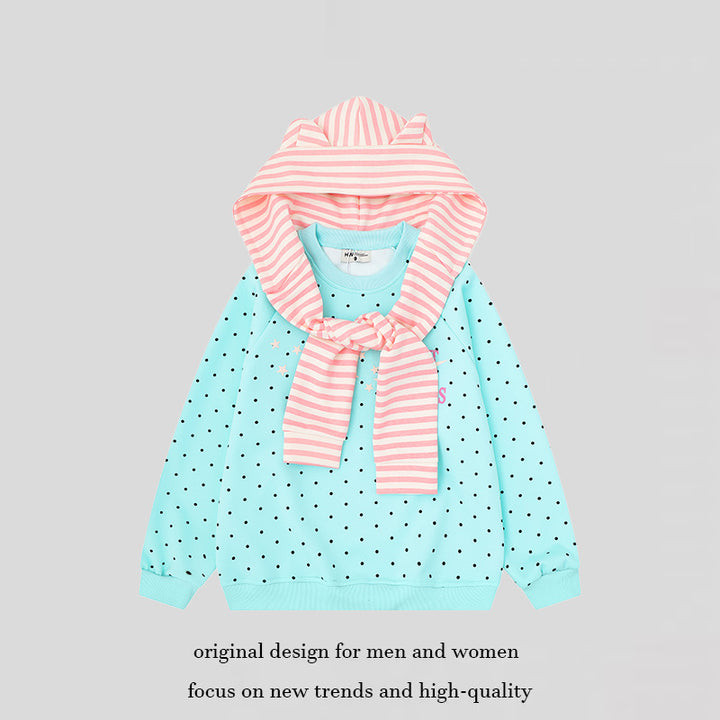 Women's Polka Dot Sweatshirt with Attached Striped Hood-Scarf and Star Appliqué Mune Fashion