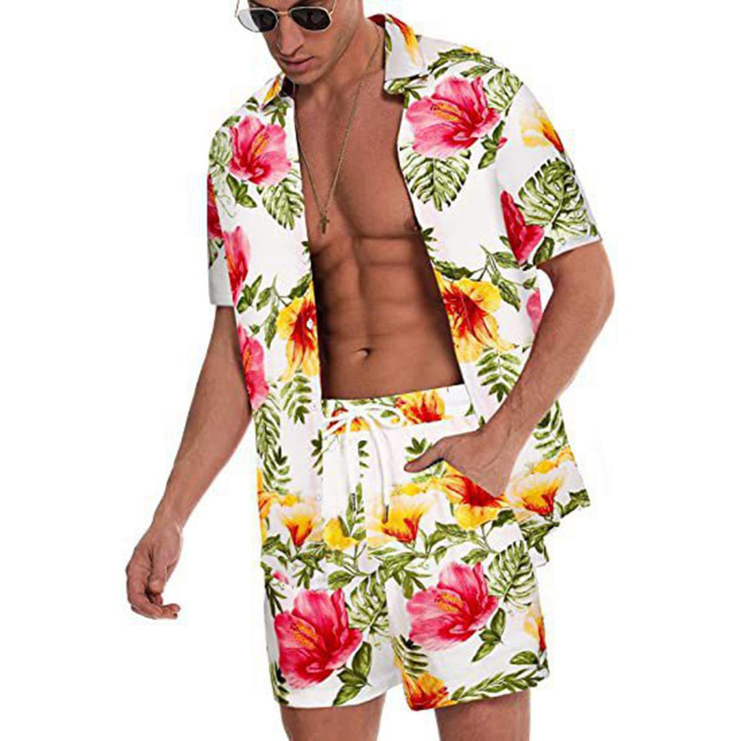 Men's tropical short sleeve shirt and swim shorts set with lapel collar, drawstring, and practical side pockets Mune Fashion