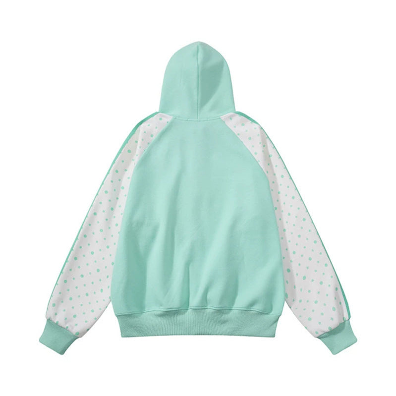 Women's hooded sweatshirt jacket with full zipper, raglan sleeves, and polka dot inserts Mune Fashion