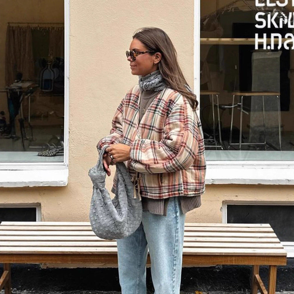 Women Padded Short Quilted Jacket in Check Pattern with Drawstring Hem and Oversized Sleeves Mune Fashion