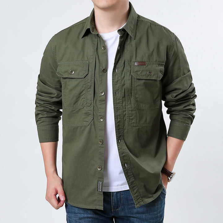 Men's casual utility shirt jacket made of cotton twill with two patch breast pockets and buttonable front.