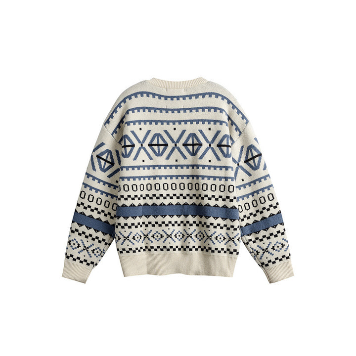 Unisex Patterned Chunky Knit Sweater in Norwegian Style with Round Neck
