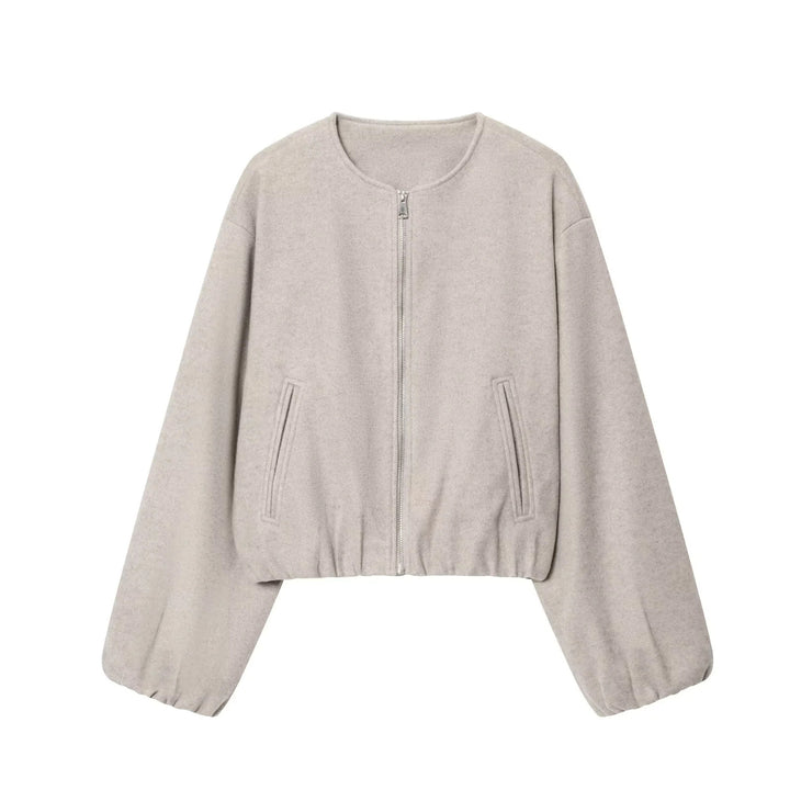 Women nan cast-cut wool bomber jacket with round neckline, continuous zipper, piped side pockets and elastic hem Mune Fashion