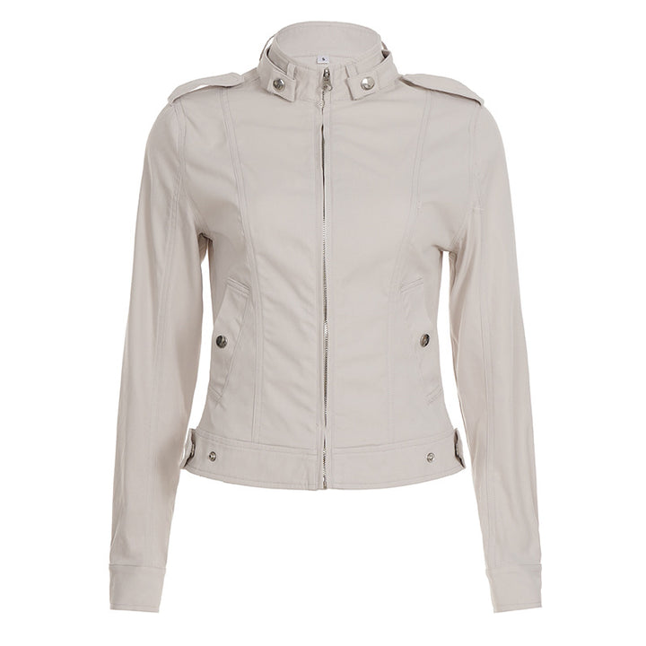Women tailored short jacket with stand-up collar, epaulettes, waist belts and continuous zipper Mune Fashion