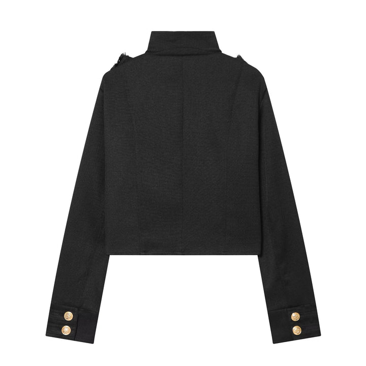 Women's Cropped Uniform Jacket in Military Style with Stand-up Collar and Decorative Button Placket Mune Fashion