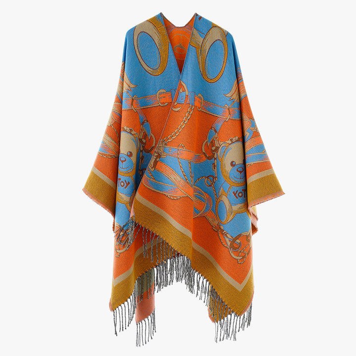 Women's Jacquard-Cape Poncho with Teddy Motif, Oversized Silhouette and Fringe Hem Mune Fashion
